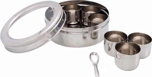 Buckingham Stainless Steel and Acrylic Spice Box Jar Condiment Storage Container, Silver, Diameter: 16.5 cm