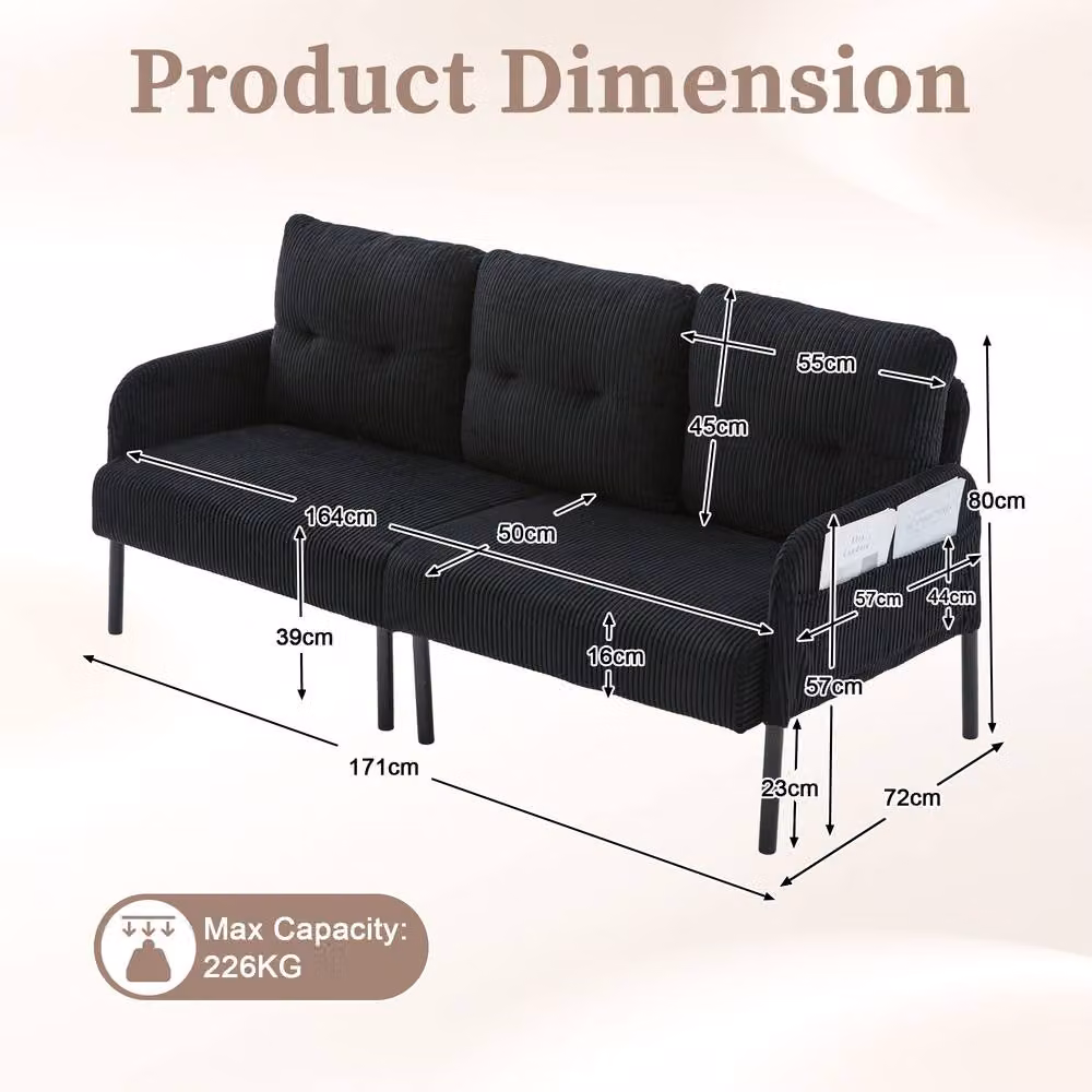 Direct Wicker Oversized Corduroy Loveseat Double-Seater Couch with Side Pockets in Black – 2