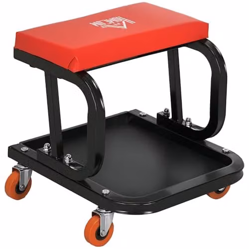 HOMCOM Red Rolling Workshop Stool with Synthetic Leather Seat and Castors – 1