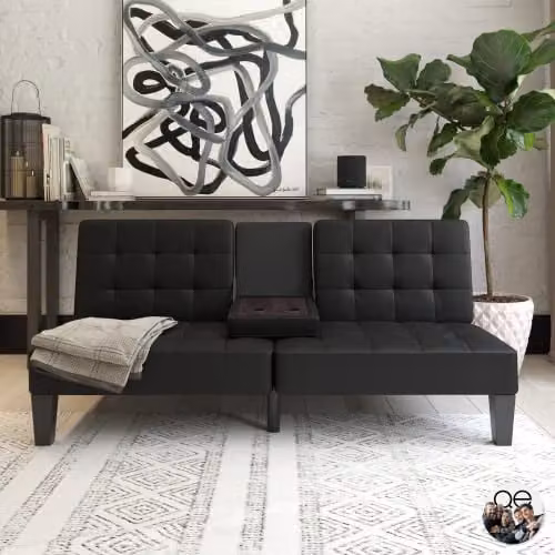DHP Furniture Adalynn Convertible Sofabed in Black Faux Leather, W/D/H: 182 x 88 x 80 cm