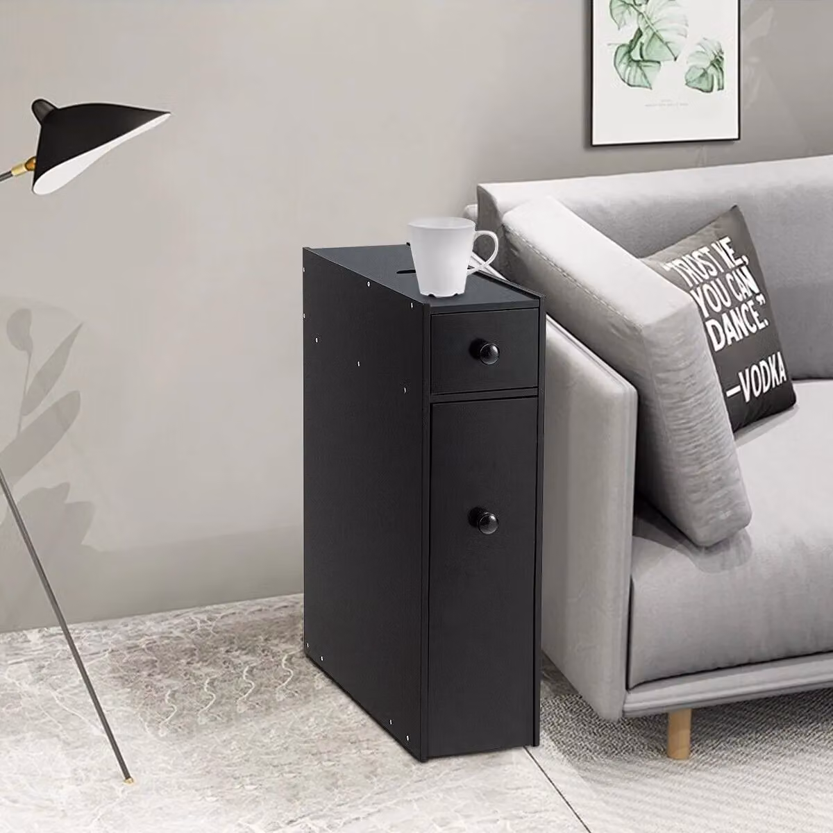 Gymax Slim Black Matt Floor Cabinet with Drawer and Hinged Doors – 3