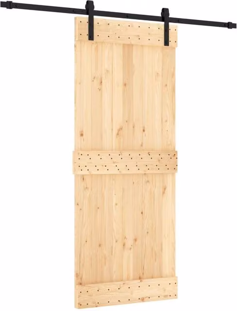 Berkfield Home Modern Sliding Door with Hardware Set, Solid Natural Wood and Steel, W: 85 cm, H: 210 cm