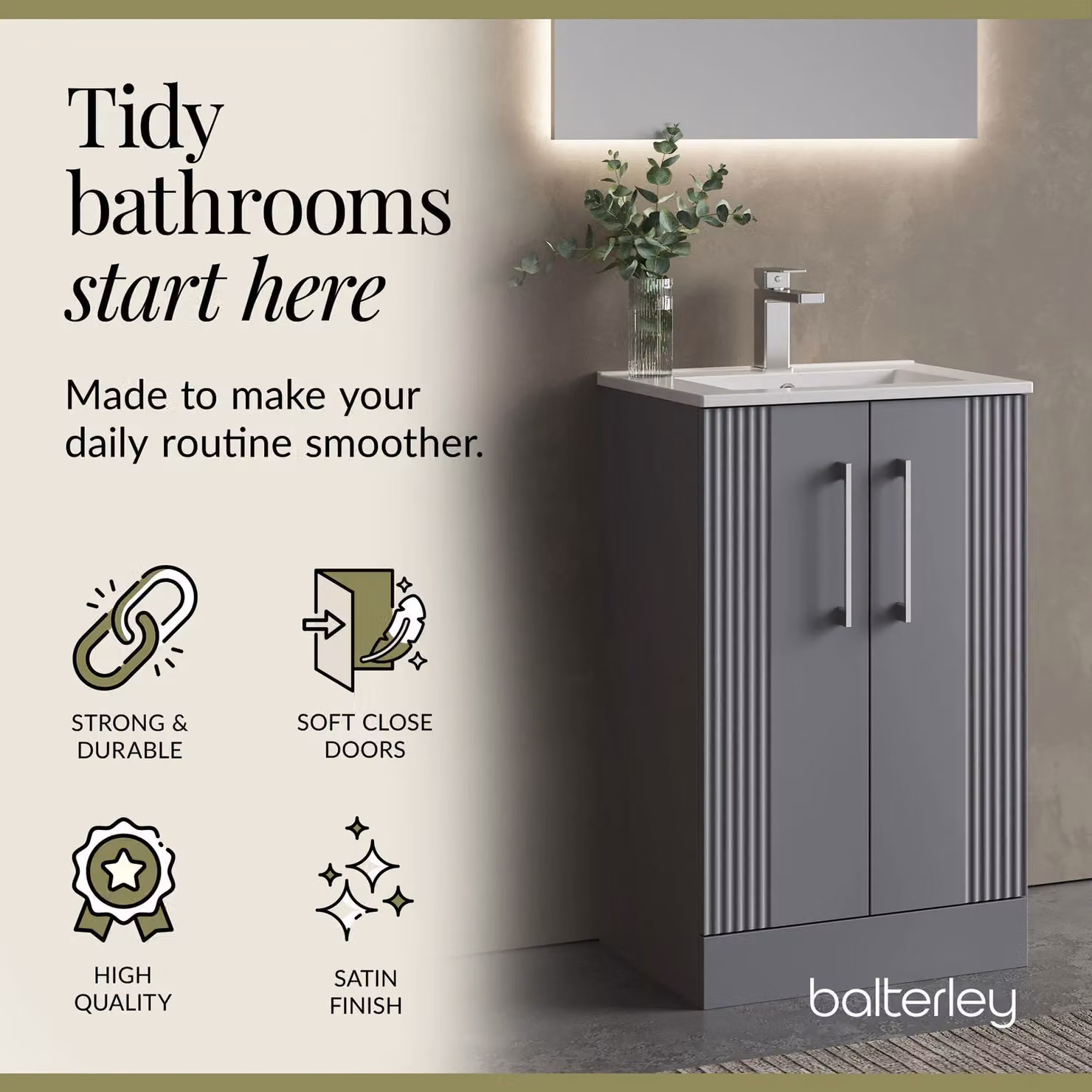 Balterley Floor Standing Grey Bathroom Vanity Unit with Rectangular Basin and Soft Close Doors – 3