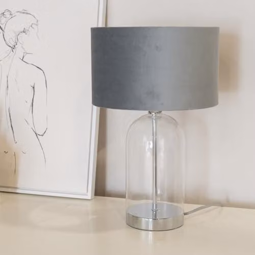 ValueLights Jessy Glass Table Lamp with Silver Base, Grey Velvet and Chrome Inner Shade, including Warm White Bulb – 2