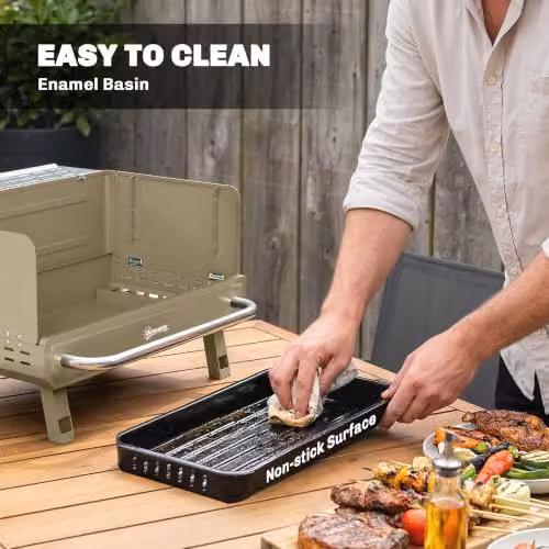 Outsunny Portable Charcoal Tabletop BBQ Grill with Warming Rack and Stainless Steel Grates, Beige – 8