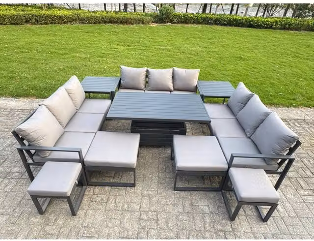 Fimous Modern Aluminum Patio Conversation Set with Height Adjustable Lifting Table and 4 Footstools in Dark Grey – 1