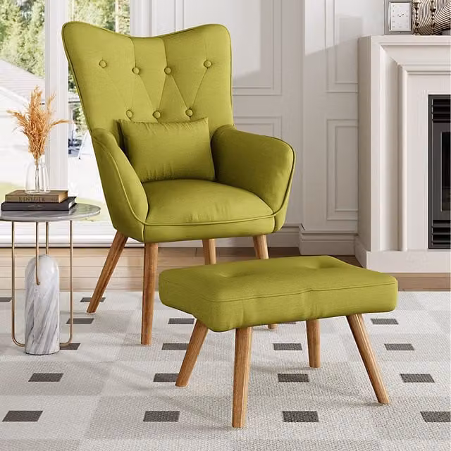 Livingandhome Mid-Century Green Linen Lounge Armchair with Armrests and Ottoman