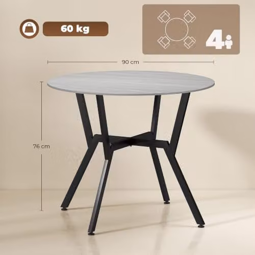 HOMCOM Modern Round Dining Table with Black Metal Legs in Grey – 3
