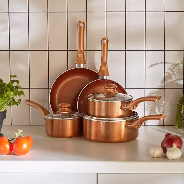 VonShef 8 Piece Non-Stick Pots and Pans Set with Ceramic Coating and Glass Lids in Copper Bronze
