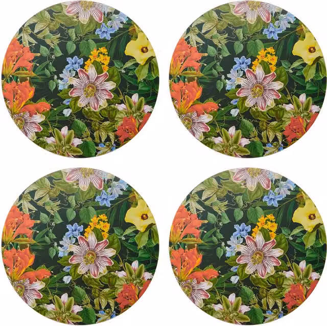 Creative Tops Set of 4 Tropical Floral Round Placemats, Green and Multicolour, Stain Repellent with Cork Backing, W: 40 cm, D: 29 cm