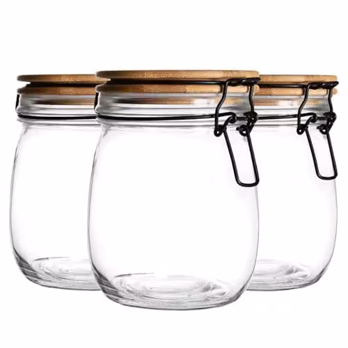 Argon Tableware Glass Storage Jars with Airtight Wooden Clip Lids, 0.75 l, Pack of 3, Transparent