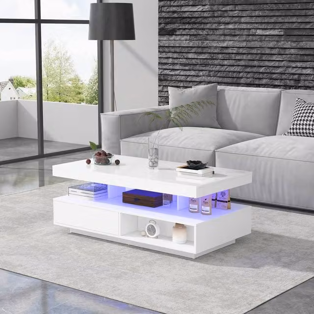 STILVORA Modern White Glossy Coffee Table with 2 Drawers, LED Lighting and Glass Top