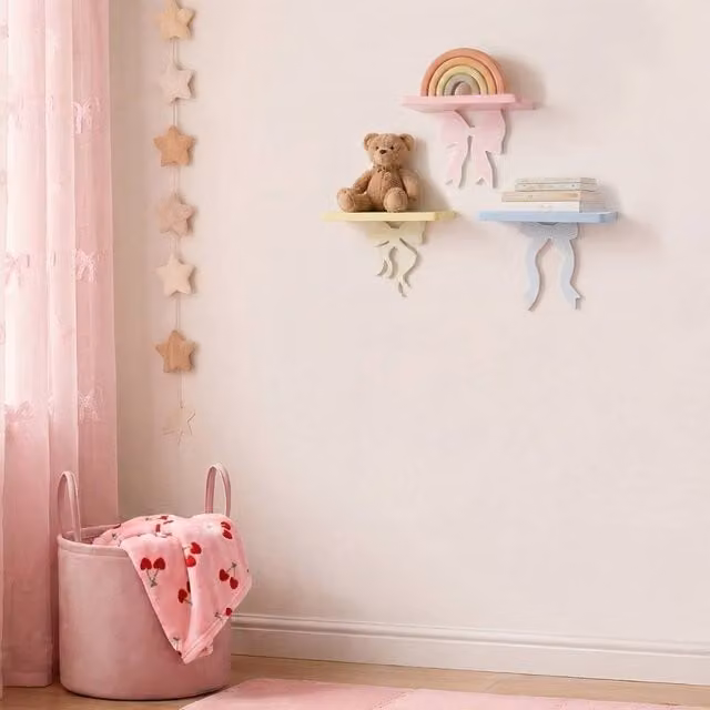 OHS Set of 3 Multicolour Bow Novelty Floating Wall Mounted Shelves for Children