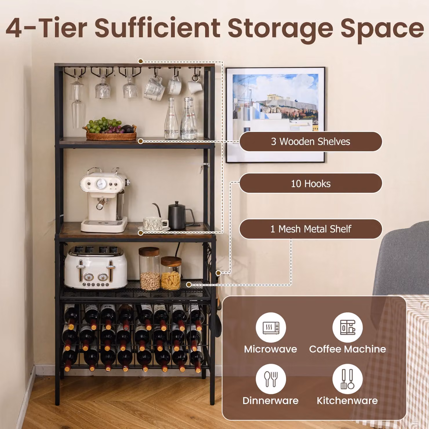 Costway Multi-Tier Industrial Wine Organizer and Bakers Rack with Power Outlet in Brown – 6