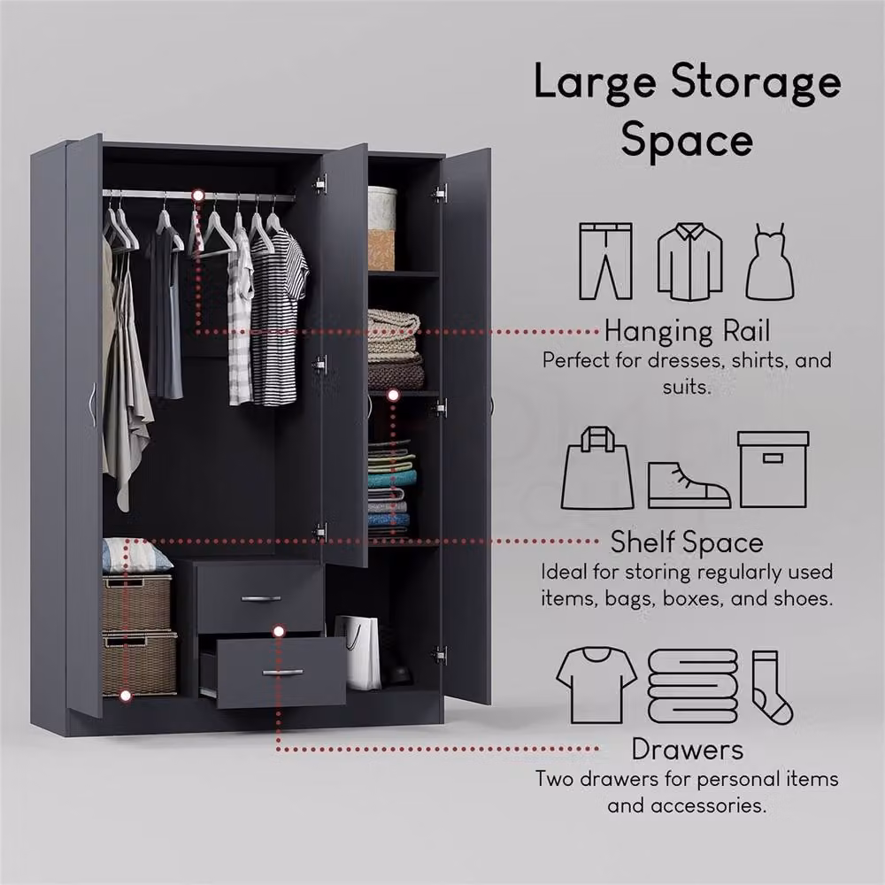 FORGEVIO Grey Modern Freestanding Wardrobe with Hinged Doors and Integrated Drawers – 2