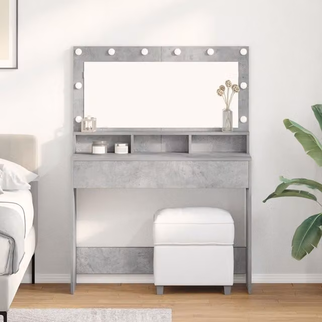 Berkfield Home Modern Concrete Grey Dressing Table with Hollywood LED Lights, W/D/H: 100 x 41 x 135 cm