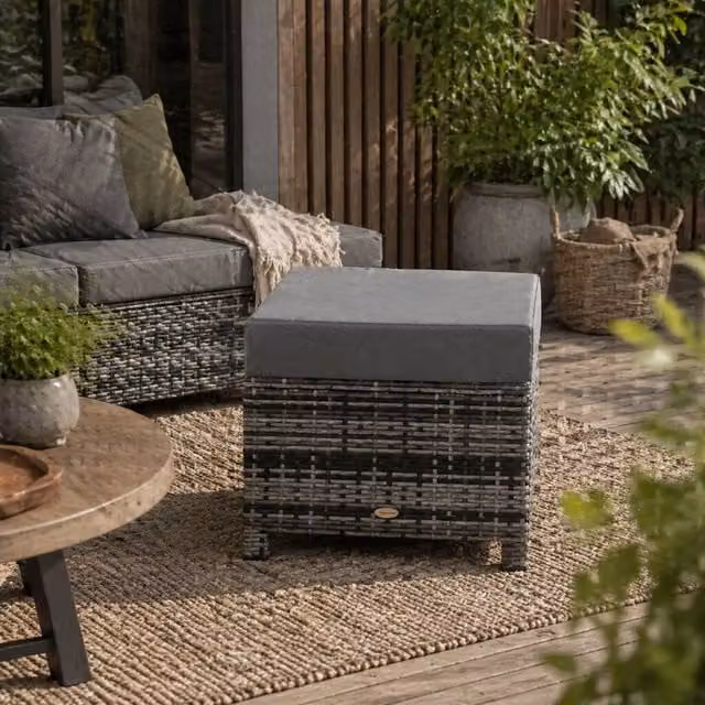 Wyld Haus Kadone Halu Grey Rattan Style Square Outdoor Footstool with Cushioned Top