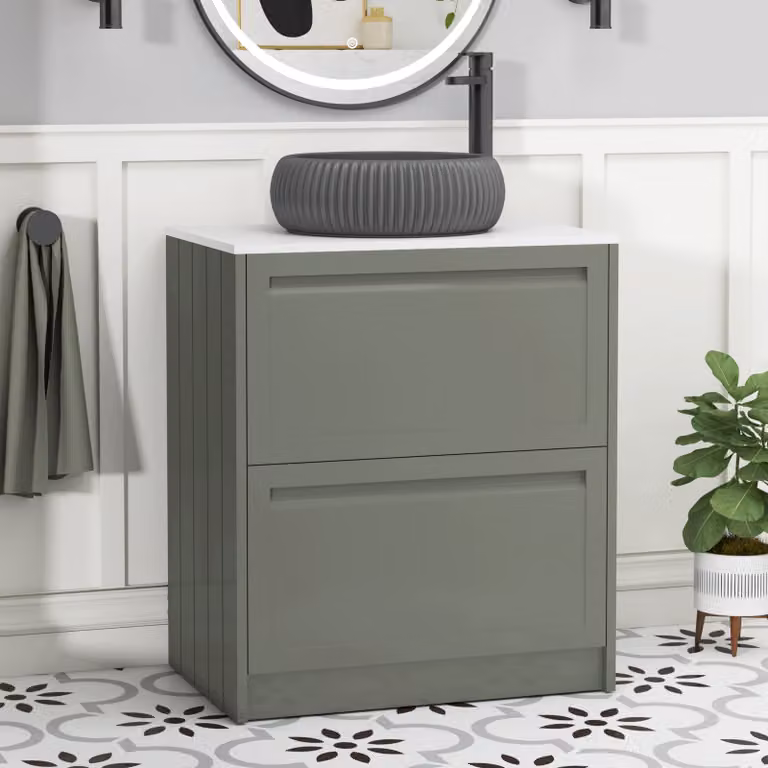 Royal Bathrooms Elmore Floor Standing Vanity Unit with 2 Drawers, Matt Green Finish, Plain White Worktop and Milan Black Basin, Width: 70 cm