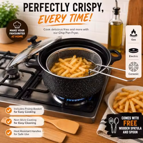 Almineez 5pc Black Non Stick Chip Pan Set with Frying Basket, Pot and Glass Lid, 2l, 24cm – 2