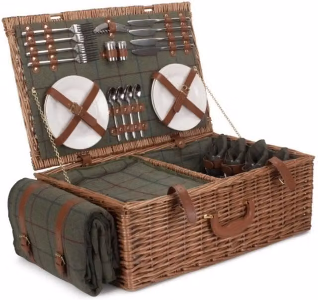 Red Wicker Picnic Basket with Green Tweed Lining for 4 People