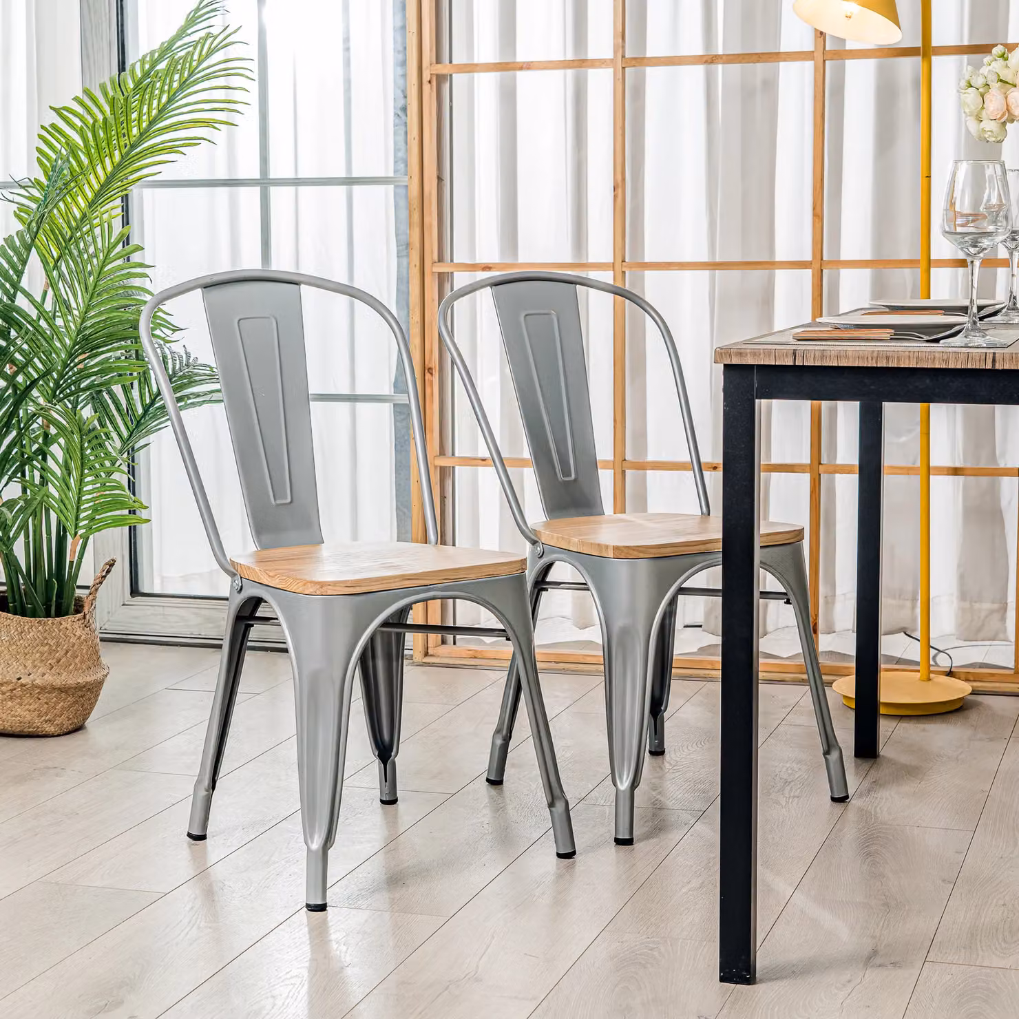 Nordlys Set of 4 Industrial Metal and Wood Dining Chairs in Grey and Black – 2
