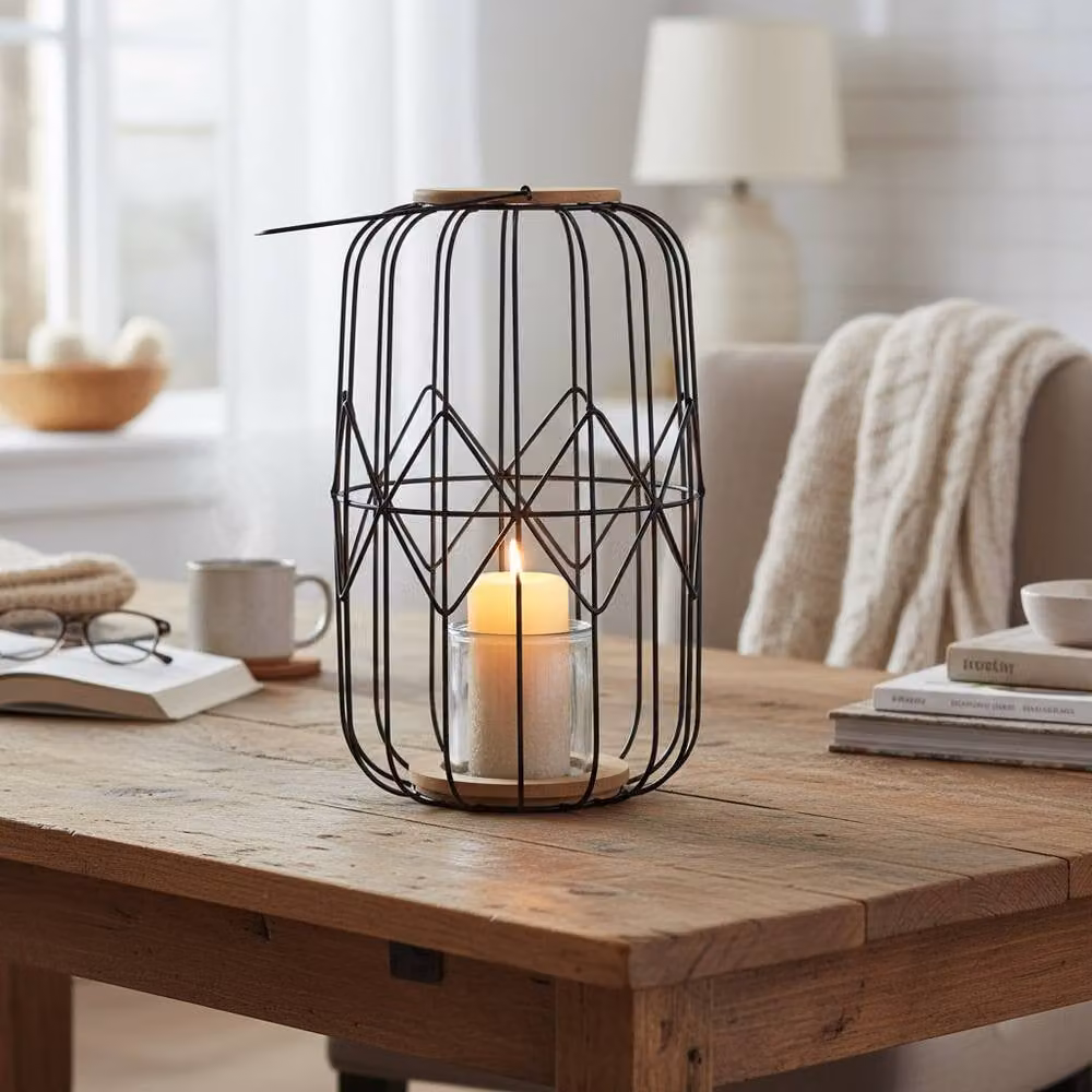 Four Candle Black Metal and Glass Geometric Decorative Lantern for Pillar Candles, Height: 40 cm – 2