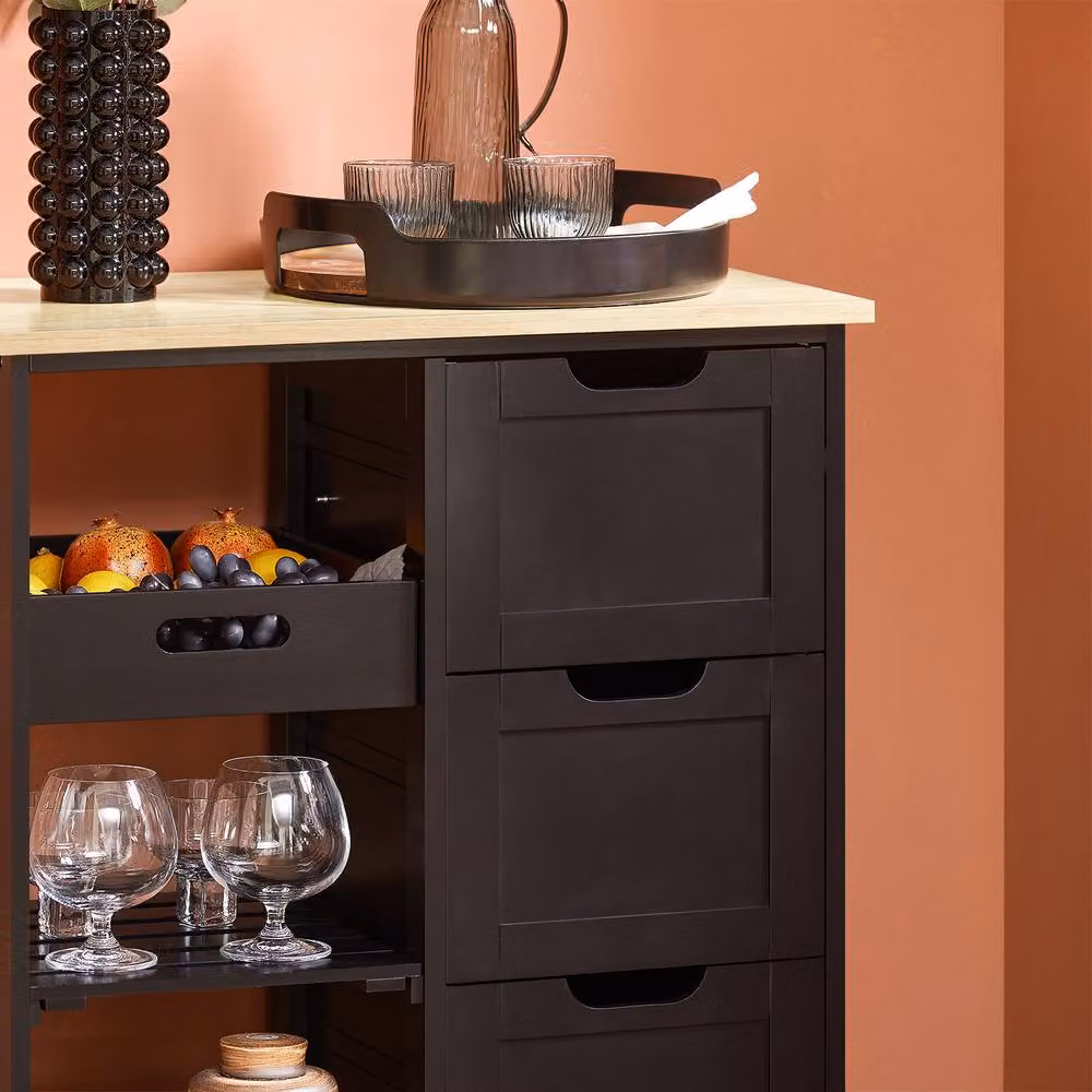 SoBuy Mobile Kitchen Trolley with 3 Drawers and Basket in Matt Black – 3