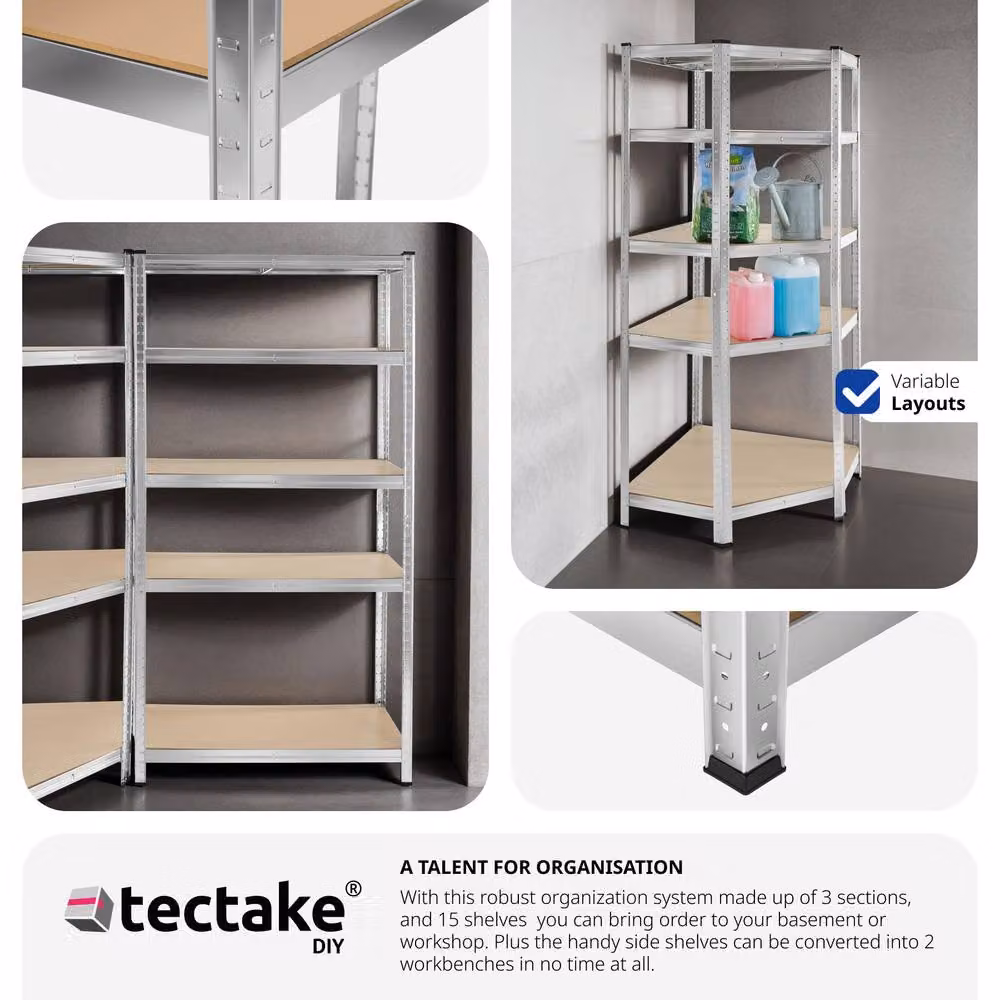 tectake Gustav Garage Shelving, Silver and Grey Steel, H 180 x W 165 x D 40 cm – 3