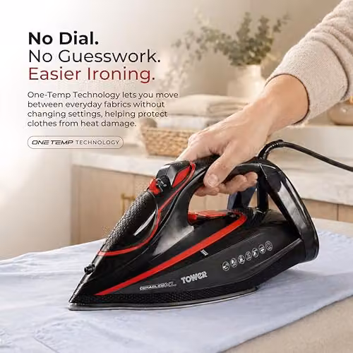 Tower Steam Iron with Ceramic Non-Stick Soleplate and Anti-Calc System, Red and Black – 2