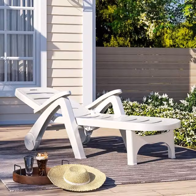 Livingandhome White Outdoor Folding Sun Lounger with Wheels, Armrests and Adjustable Headrest