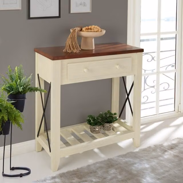 Mercers Furniture Cottage 1 Drawer Console Table in White and Grey Rustic Pine Wood