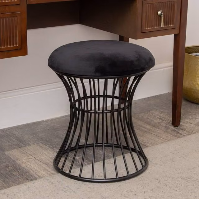 Melody Maison Black Velvet Upholstered Cylindrical Dressing Table Stool with Matt Metal Frame