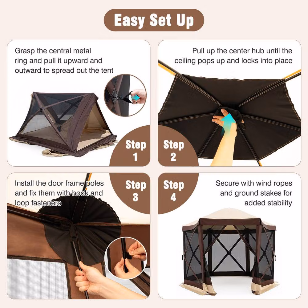Costway Foldable 6-Sided Garden Gazebo with Net Sides and Zipped Door in Brown, W/D/H: 300 x 300 x 230 cm – 4