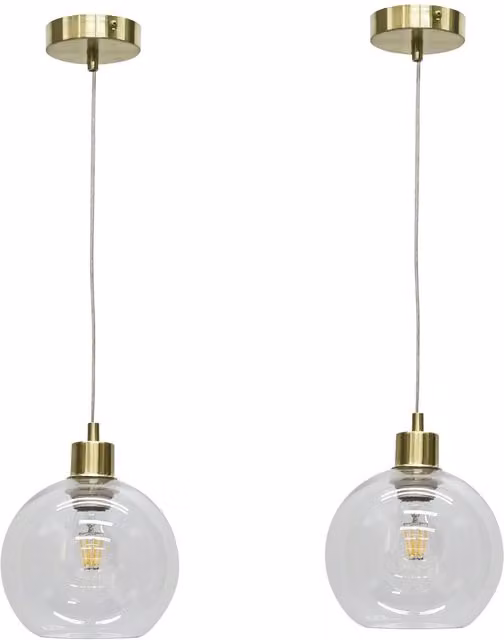 First Choice Lighting Barnum Set of 2 Pendant Lights with Transparent Glass Globes and Gold/Brass Fittings