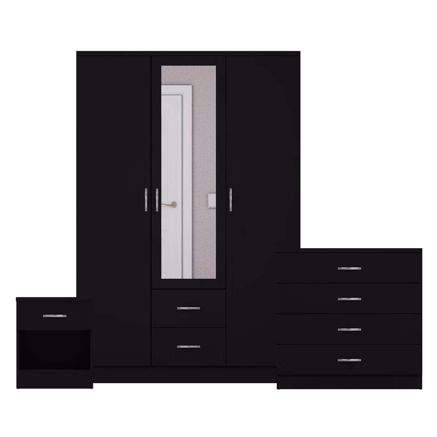 Vida Designs 3 Piece Modern Black Bedroom Set Including Bedside Table, 4 Drawer Chest and Mirror Wardrobe – 2