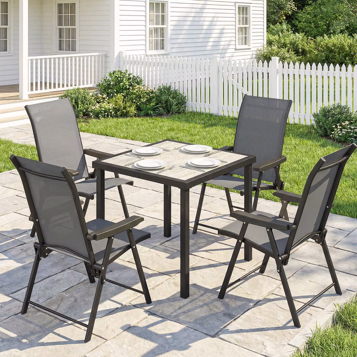 Outsunny 5 Piece Outdoor Dining Set in Grey, Featuring a Square Table and Four Folding Chairs – 2