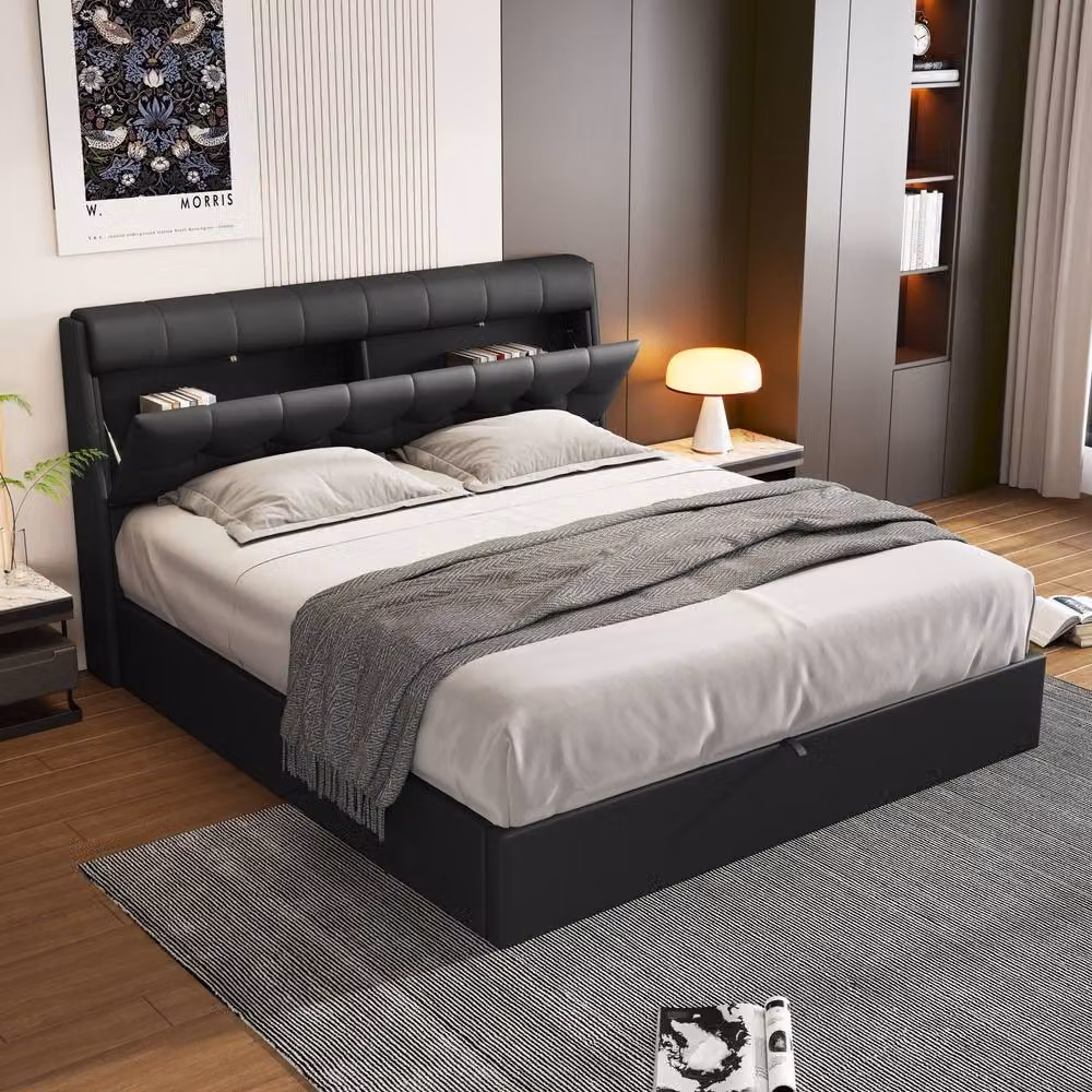 Matteo Modern Upholstered King Bed with Hydraulic Lift-Up Storage in Black Synthetic Leather, W/D/H: 150 x 200 cm – 3