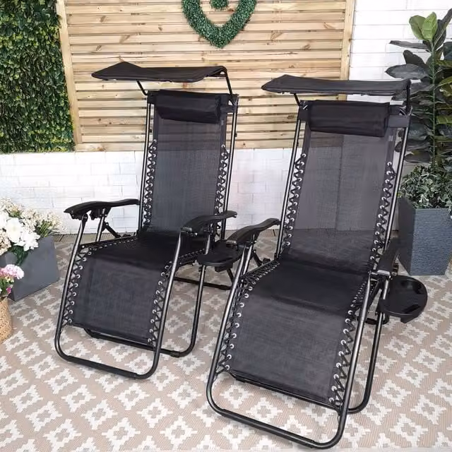 Set of 2 Gravity Sun Loungers with Sun Canopy in Black with Textilene Fabric and Powder Coated Steel Frame
