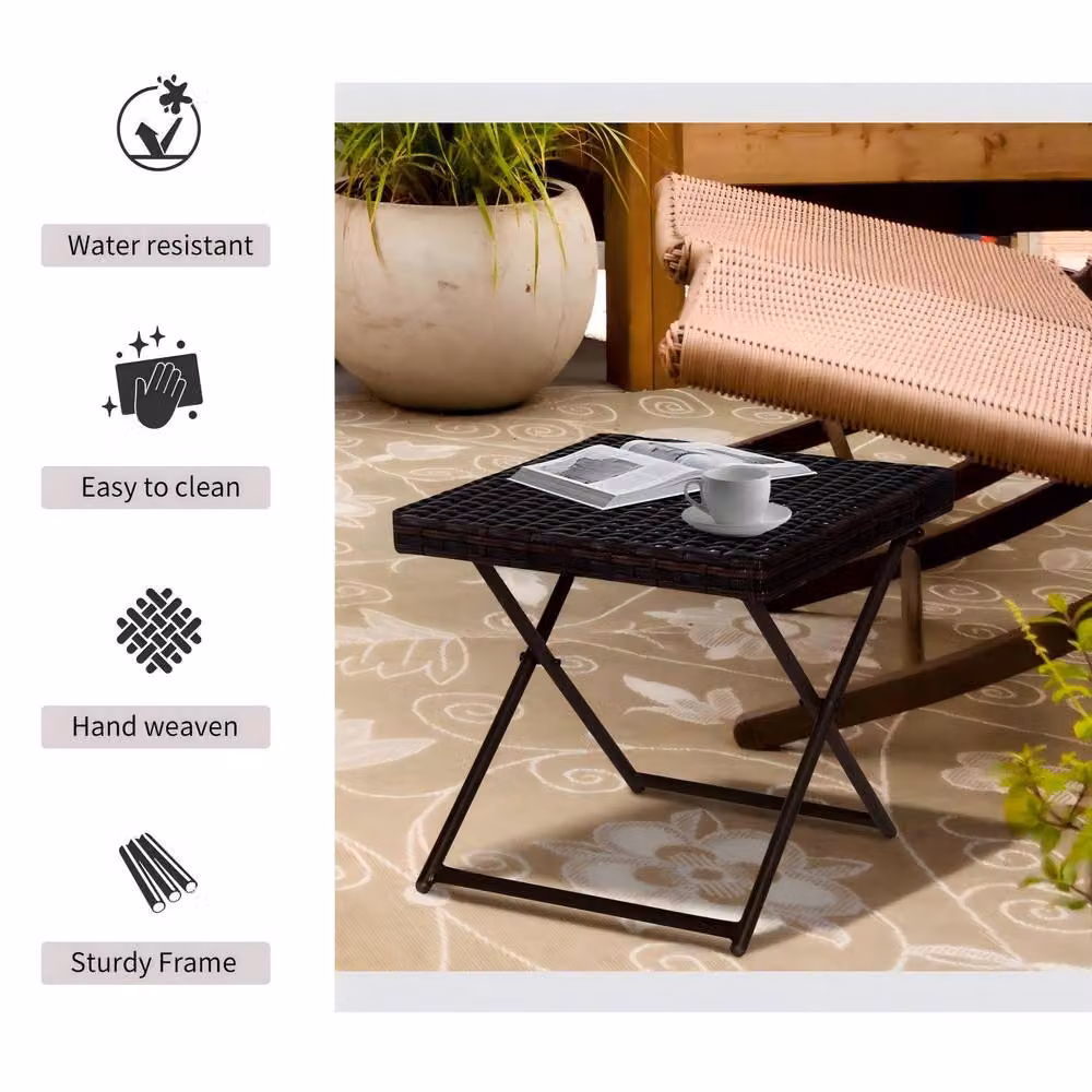 STILVORA Folding Side Table with Brown PE Rattan and Steel Frame – 7