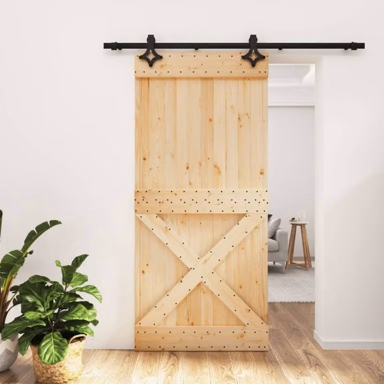 Berkfield Home Modern Sliding Door with Hardware Set, Solid Wood Pine, Brown, W: 95 cm, H: 210 cm
