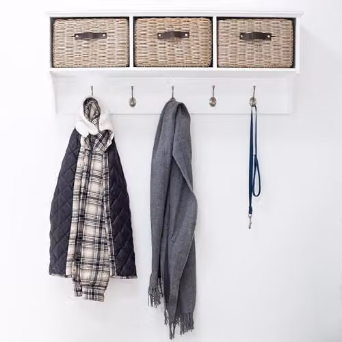 Statement Furniture Tetbury Wall Mounted Coat Rack with Hanging Shelf and Washable Storage Baskets in White and Brown