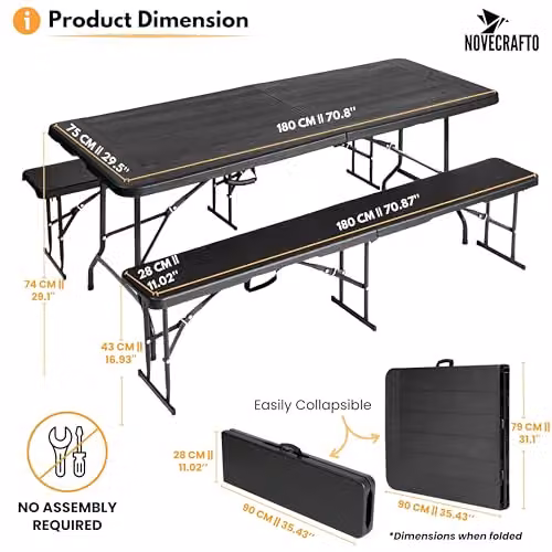 NOVECRAFTO 6ft Folding Table and Bench Seat Set with Black Wood Grain Plastic Surfaces and Steel Frames – 4