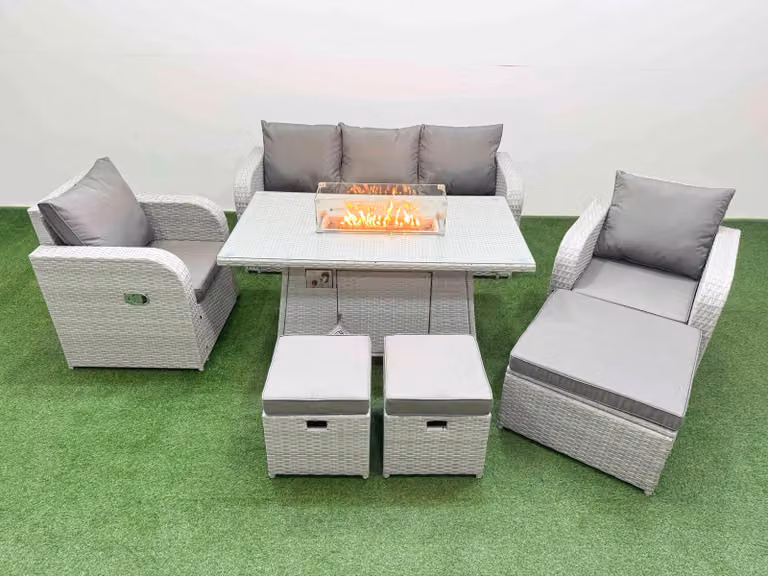 Fimous PE Rattan Garden Furniture Set in Light Grey with Reclining Chair, Sofa, Firepit Dining Table and 3 Stools