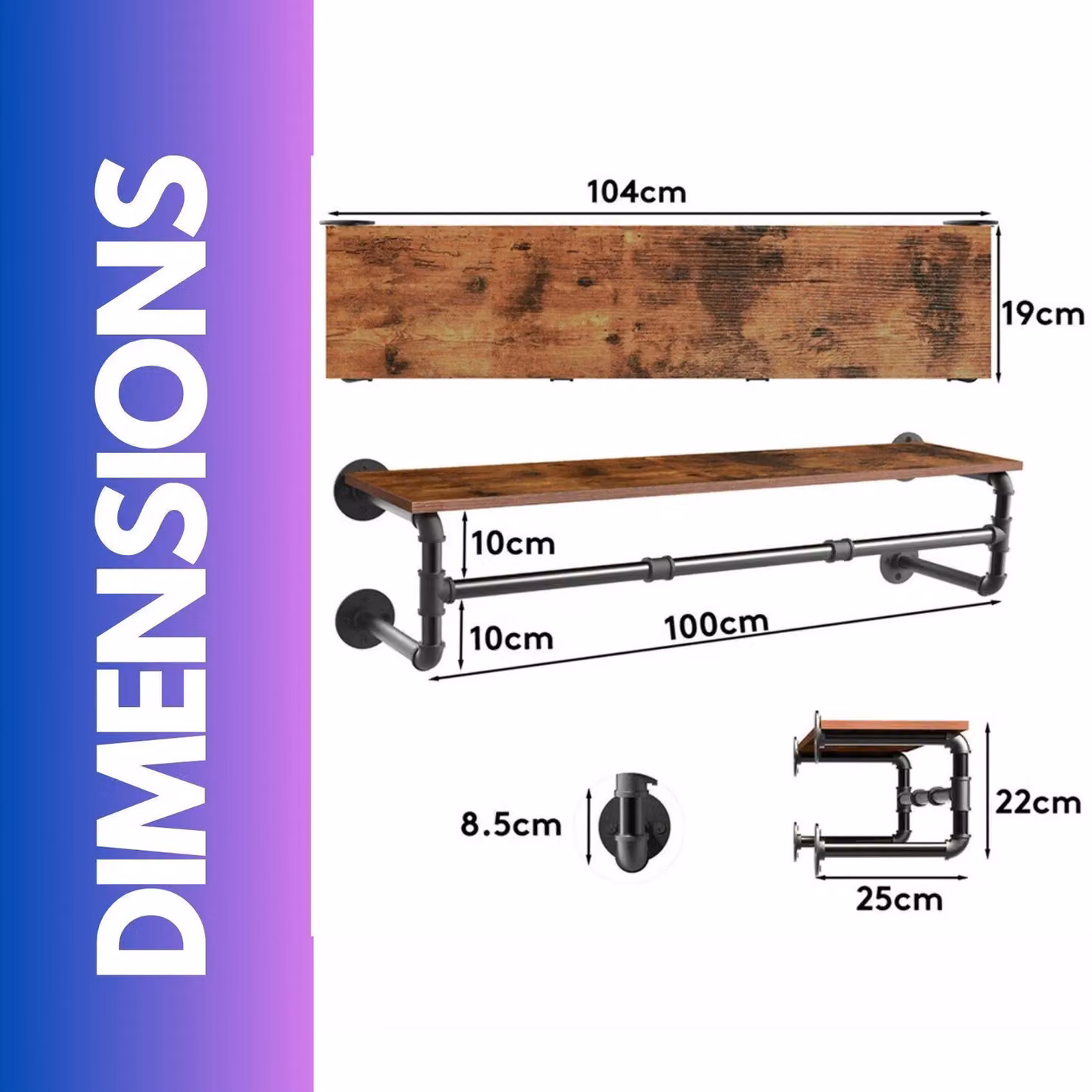 FURNOS Industrial Heavy Duty Pipe Wall-Mounted Floating Shelf with Hanging Rail in Brown and Black – 4
