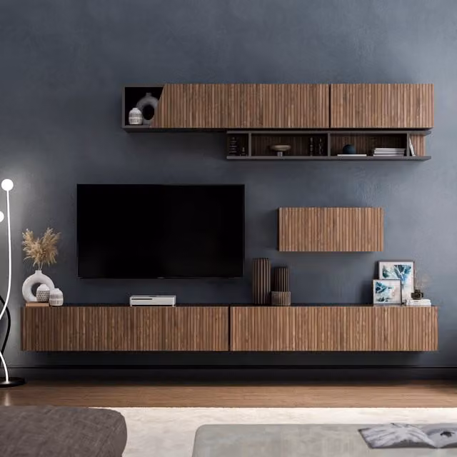 Decorotika Boston Modern Wall Mounted Entertainment Center in Black and Brown with Geometric Pattern and Open Shelving