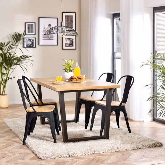 FurnitureboxUK Cotswold Oak Dining Table with 4 Colton Wooden Seat Metal Chairs in Black and Brown