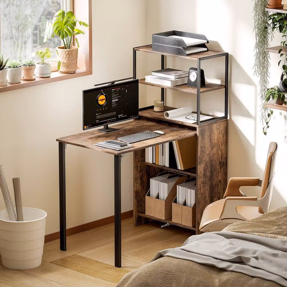 KORVIXA Rustic Brown Foldable Writing Desk with Drop Leaf Top and 4-Tier Shelves, W/D/H: 127 x 60 x 105 cm – 3