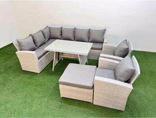 Fimous 9-Seater Rattan Corner Sofa Set with Glass Coffee Table and Ottoman in Light Grey and Dark Grey