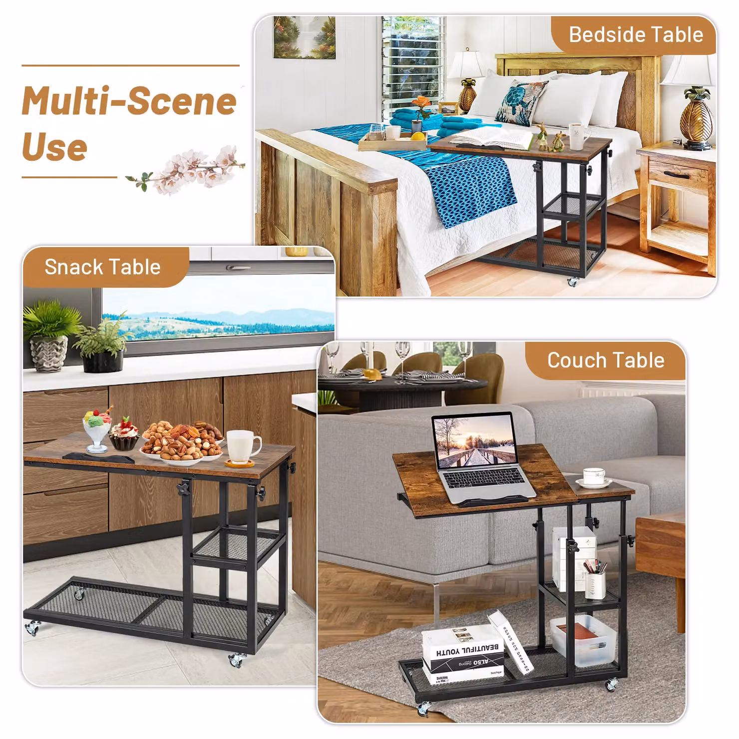 Costway C-Shaped Adjustable Bedside Table in Brown with Tiltable Tabletop and Wheels – 3