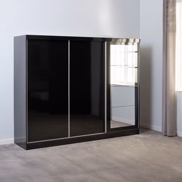 Seconique Modern Black Gloss Sliding Door Wardrobe Replacement Doors with Mirror